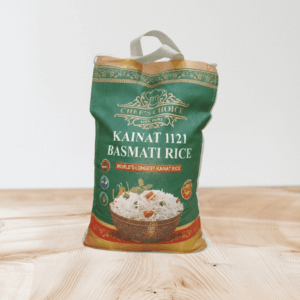 Kainat 1121 Basmati Rice premium packaging with extra-long grains, rich aroma, and authentic taste.