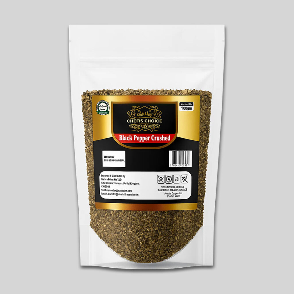 Black Pepper Crushed in premium packaging with fresh aroma and bold flavor for cooking and seasoning.