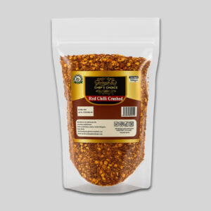 Premium quality Red Chilli Crushed packed in a transparent stand-up pouch – Chef’s Choice brand, 100gm spice packaging.